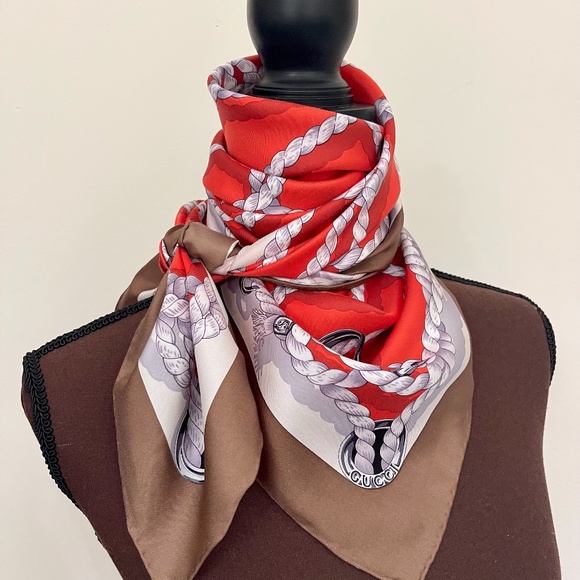 New Gucci Silk Scarf Orange Ropes Print Beige Border Silk Wrap Scarf - Picture 10 of 14